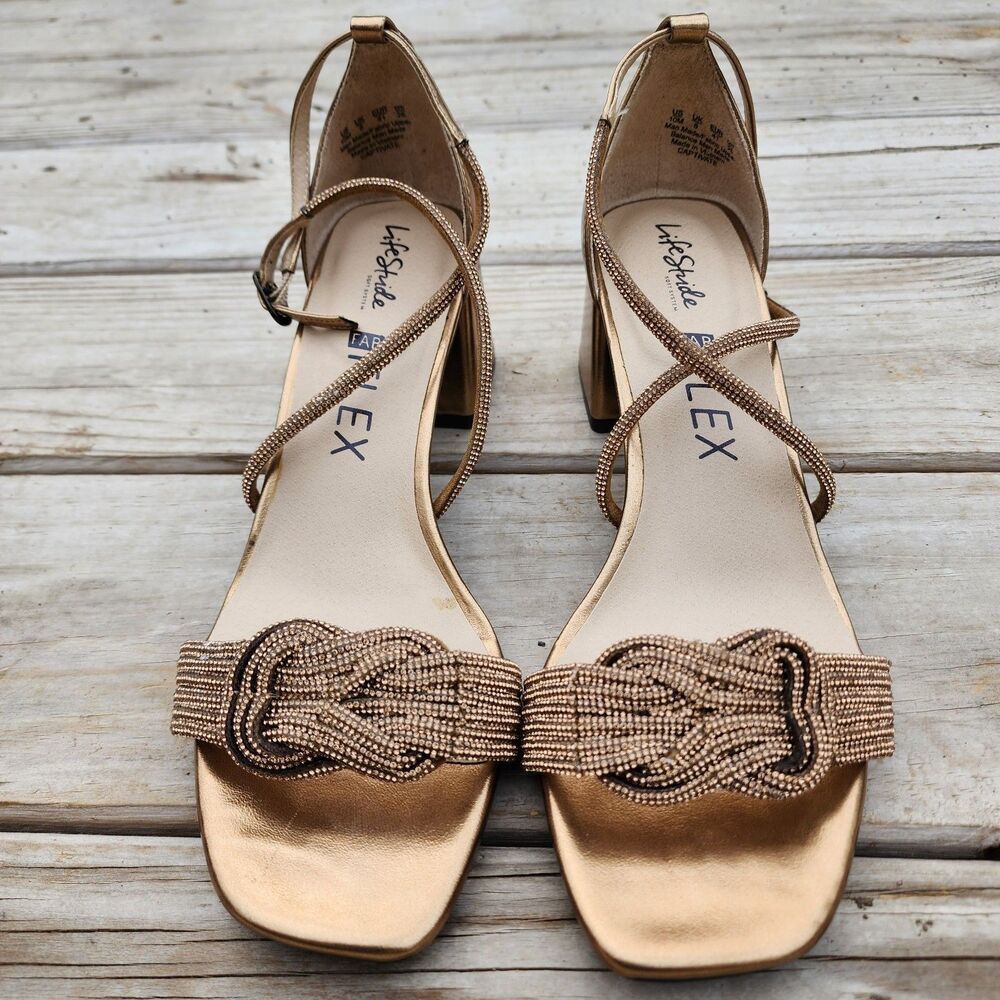 LifeStride Womens Sz 10M Captivate Bronze Strappy Block Heel Dress Sandals